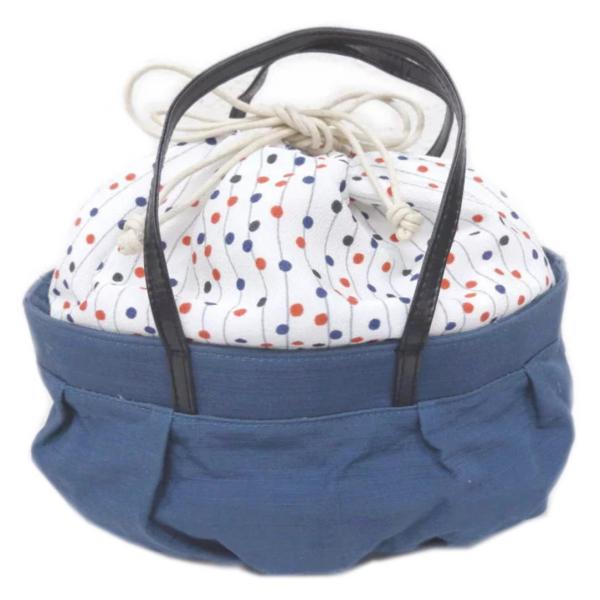 バッグ 巾着 ふわクシュ 白色地ドットライン紺色 浴衣 ゆかた カジュアル 着物 デニム 女性用
