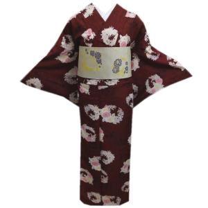 着物 洗える 袷 小紋 半巾帯 細帯 2点セット Ｈ・Ｌ 濃茄子紺紫地百合小花ライン フリー カジュアル きもの プレタ 半幅帯 女性用 着物 洗える 袷 小紋 半巾帯 細帯 2点セット H・L 濃茄子紺紫地百合