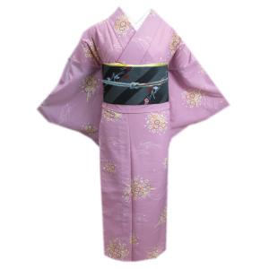 着物 洗える 単衣 小紋 と 軽装帯 付け帯 2点セット ピンク薄クリーム