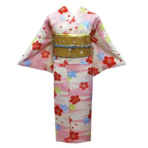 着物 洗える 単衣 小紋 と 軽装帯 付け帯 2点セット 水色白地桜楓流水