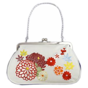 バッグ 手提げ 帯地 金糸入り半円型赤色地菊花桜 日本製 振袖 成人式