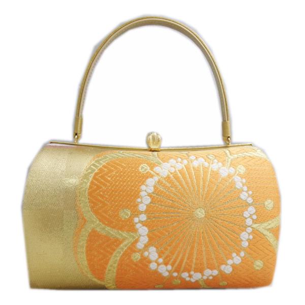 バッグ 手提げ 帯地 金糸入り 金地橙色大輪八重梅 日本製 振袖 成人式 卒業式 袴 着物 単品 振...
