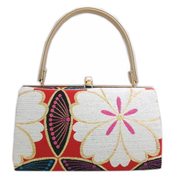 バッグ 手提げ 帯地 金糸入り 赤色地大輪ラメ白八重桜 日本製 振袖 成人式 卒業式 袴 着物 単品...