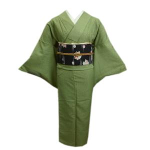 着物 洗える 袷 江戸小紋 と 軽装帯 付け帯 2点セット 薄黄緑色地万筋