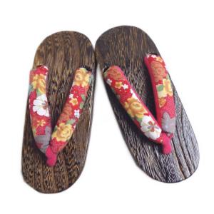 下駄 子供用 キッズ 女の子 焼桐茶台 赤色地古典花 18cm 19.5cm 21cm 浴衣 ゆかた げた ゲタ