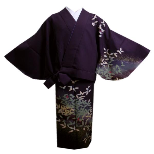 二部式 着物 洗える 袷 濃紫地南天金彩ぼかし Ｍ Ｌ 日本製 絵羽柄 付下げ柄 ユニフォーム きも...