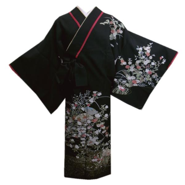 二部式 着物 洗える 袷 黒地扇子古典花流水 Ｍ 日本製 絵羽柄 付下げ柄 ユニフォーム きもの セ...
