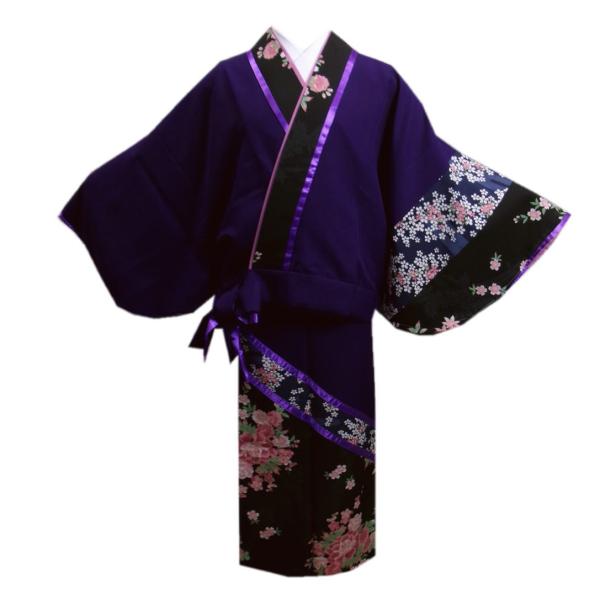 二部式 着物 洗える 袷 濃紫地八重桜小さくら Ｍ 日本製 絵羽柄 付下げ柄 ユニフォーム きもの ...