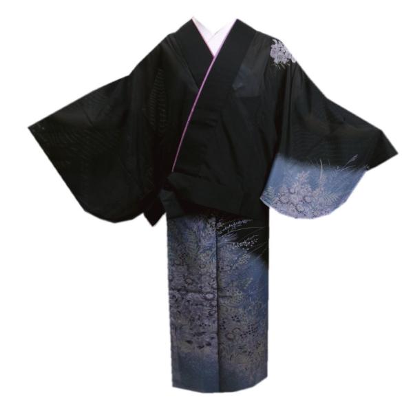 二部式 着物 絽 夏用 黒色地野菊草花青グレーたたきぼかし Ｍ Ｌ 日本製 絵羽柄 付下げ柄 洗える...