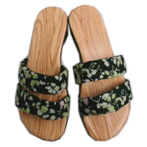 【訳有り 少難あり】 サンダル 女性用 和柄 薄茶台 黒地蔦葉小花 Ｍ 23.5cm Ｌ 24cm 浴衣 ゆかた 甚平 デニム レディース 黒色