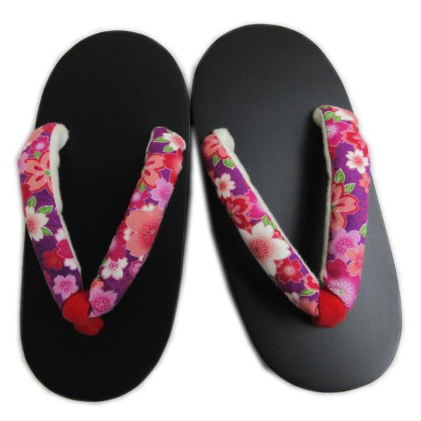 下駄 桐 子供用 キッズ 女の子 黒台 紫色地桜さくら 19.5ｃｍ げた ゲタ 浴衣 ゆかた 甚平...