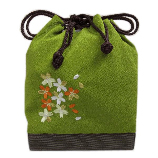 【訳有り 少難あり】 巾着 バッグ 刺繍入り 底かご ちりめん 黄緑黒金地金糸入り桜さくら 卒業式 ...
