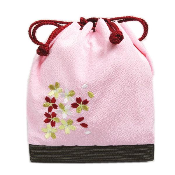 巾着 バッグ 刺繍入り 底かご ちりめん 薄ピンク黒金地金糸入り桜さくら 卒業式 袴 着物 和柄 正...