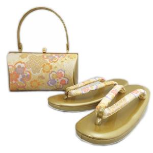 草履バッグセット 帯地 フリー 24.5ｃｍ 振袖 成人式 袴 訪問着 横丸型金台金糸菱垣地桜古典柄