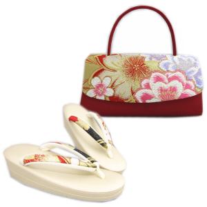 草履バッグセット 西陣織 正絹 帯地 横丸型 金糸入り金色地 菊紋様赤白