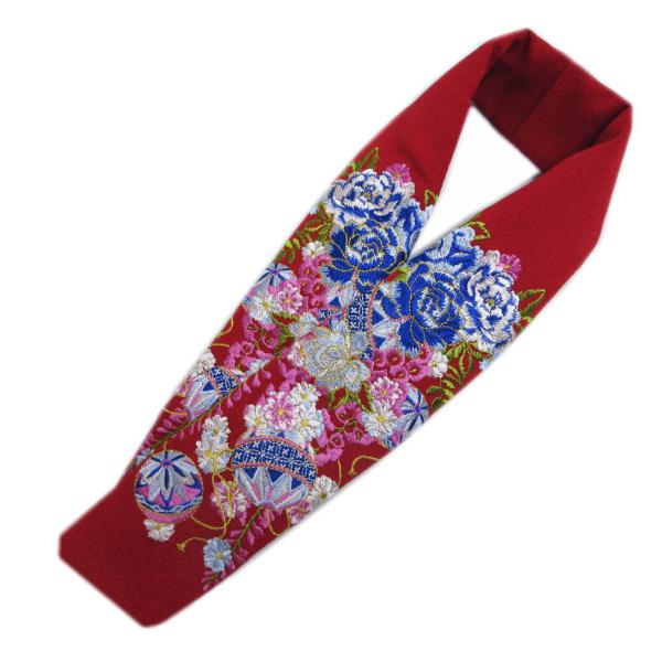 半衿 半襟 刺繍 赤色地牡丹鞠藤 日本製 振袖 成人式 卒業式 袴 着物 女性用
