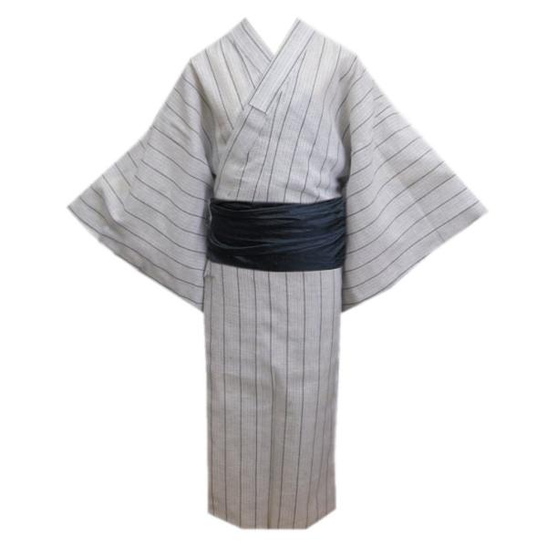 浴衣 綿麻 メンズ 男性 兵児帯 2点セット しじら織 薄グレー地ライン Ｍ Ｌ ＬＬ 帯簡単 ゆか...