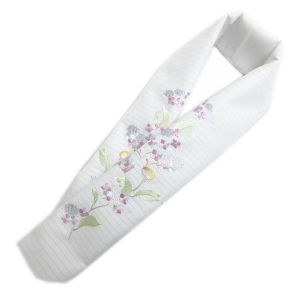半衿 半襟 夏用 絽 刺繍 白色地紫陽花かたつむり 日本製 夏物 着物 単衣 女性用 和柄