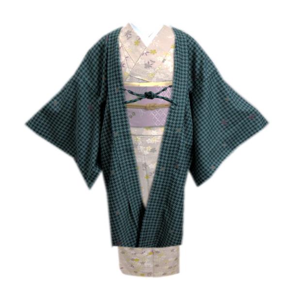 長羽織 はおり コート 洗える 濃緑グレー地千鳥格子 Ｍ Ｌ 羽織紐付 ロング丈 和装 着物 女性用...