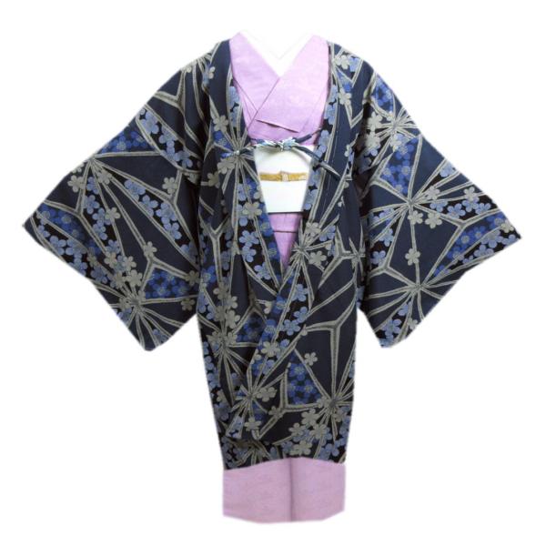 長羽織 はおり コート 洗える Ｈ・Ｌ ブルーグレー黒地桜麻の葉 フリー 羽織紐付 ロング丈 和装 ...