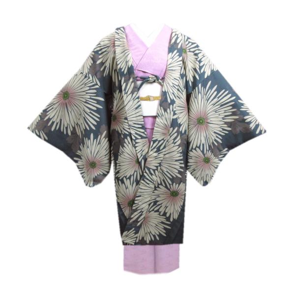 長羽織 はおり コート 洗える clubＨ・Ｌ ブルーグレー地大輪菊花 フリー 羽織紐付 ロング丈 ...