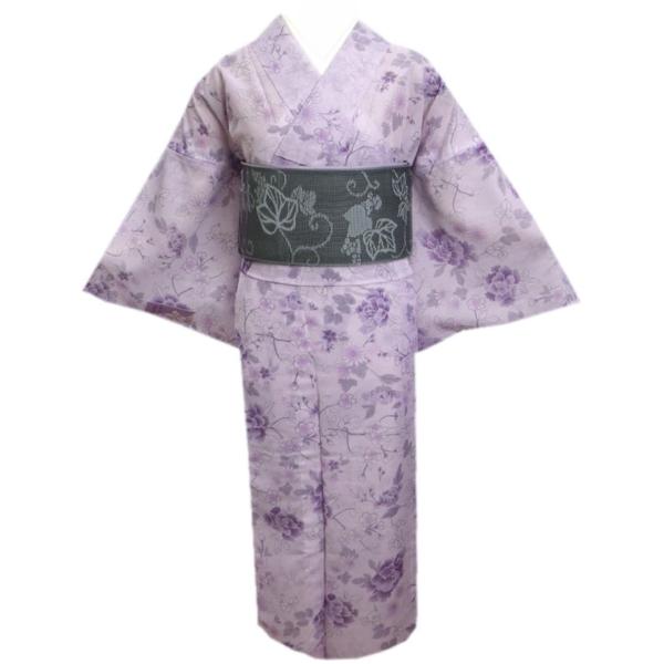 着物 洗える 絽 夏用 と 紗 半巾帯 細帯 2点セット 淡紫地牡丹小花 Ｍ Ｌ