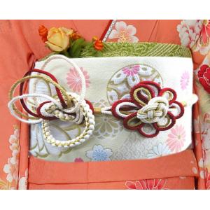 帯締め 帯〆 4色使い 花結び 先割れ 正絹 赤白クリーム金