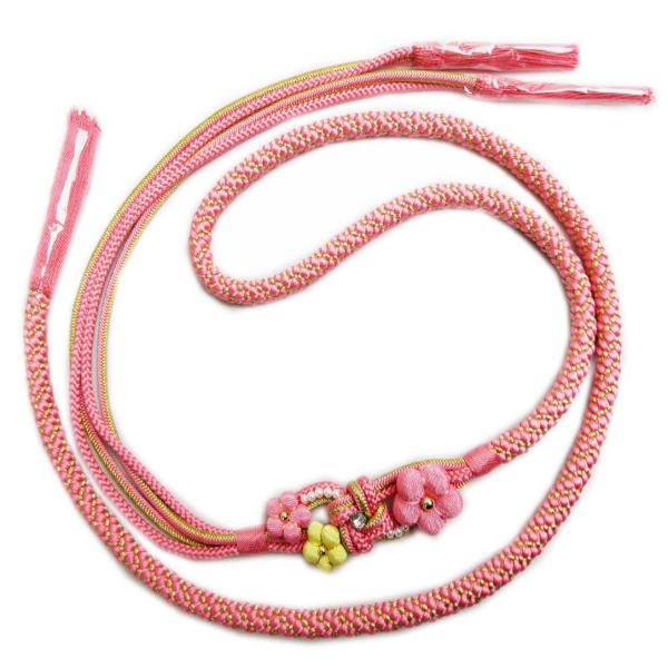 帯締め 帯〆 正絹 梅花パールラインストーン飾り付 ピンク金 先割れ 2色使い 振袖 成人式 着物 ...