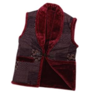 ぽんちょ ポンチョ 袖なし 半天 ベスト 女性用 背中＆衿ボア付 和柄 中綿入 濃紫地古典柄絣調市松 Ｍ-Ｌ