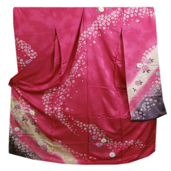【訳有り 難あり】 振袖 正絹 お買上 未仕立て 仮絵羽 単品 濃ピンク地八重桜小さくら 成人式 購...