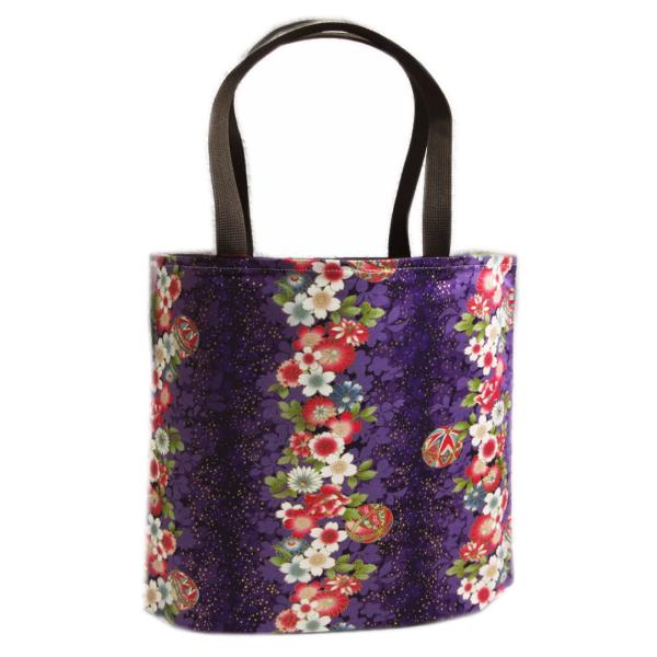 バッグ トート 手提げ ランチ 和柄 折マチ付 紫色地牡丹菊桜鞠ライン 日本製 女性用 着物 浴衣 ...
