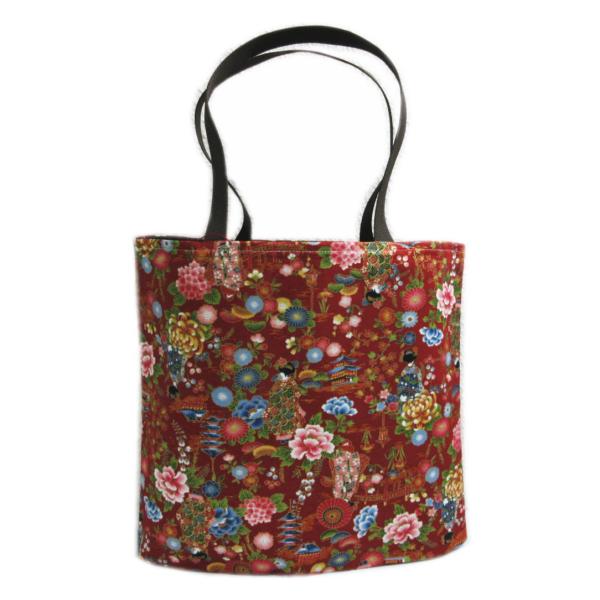 バッグ トート 手提げ ランチ 和柄 折マチ付 渋濃赤色地舞妓古典花 日本製 女性用 着物 浴衣 A...
