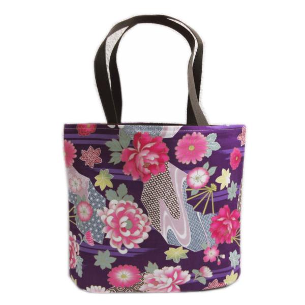 バッグ トート 手提げ ランチ 和柄 折マチ付 紫色地牡丹菊桜楓扇子 日本製 女性用 着物 浴衣 A...