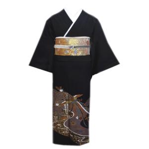 正絹黒留袖 未仕立て 仮絵羽 流水と鶴に四季の花柄 礼装 黒留め袖 新品