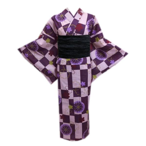 浴衣 ふくよかさん 3Ｌ 4Ｌ 兵児帯 長尺 ふわクシュ シワ 2点セット 濃紫薄あずき市松地菊桜雪...