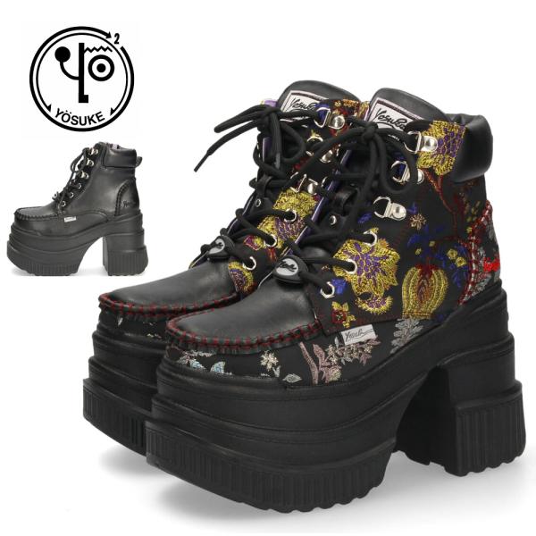 ブーツ レディース 厚底ブーツ ショート 黒 ヨースケ YOSUKE 靴 幅広 3E 編み上げブーツ...