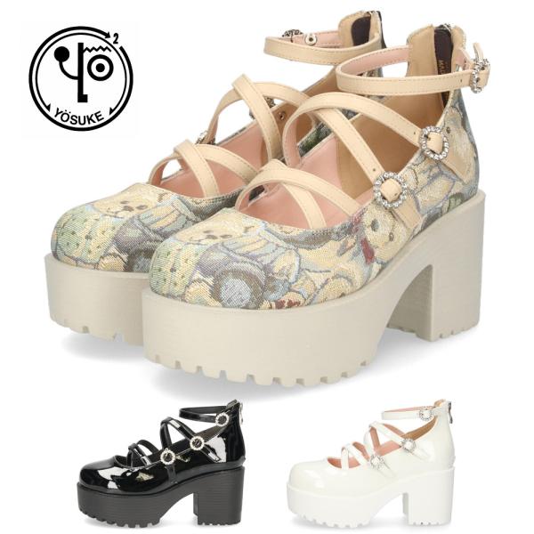 厚底パンプス レディース ストラップパンプス 黒 白 ヨースケ 靴 YOSUKE 4450037 ブ...