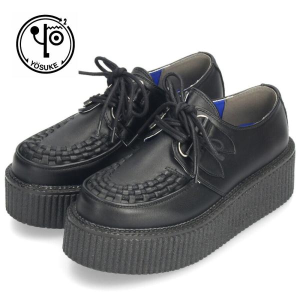 ヨースケ YOSUKE 厚底ローファー ラバーソール レディース 黒 レースアップ シューズ 281...
