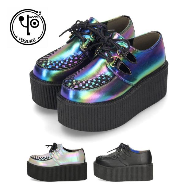 ヨースケ ローファー ラバーソール レディース 厚底 黒 レースアップ シューズ YOSUKE 28...