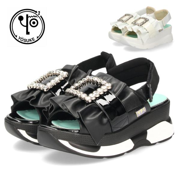 ヨースケ 厚底サンダル レディース ブラック ホワイト 黒 白 ビジュー フリル バックストラップ ...