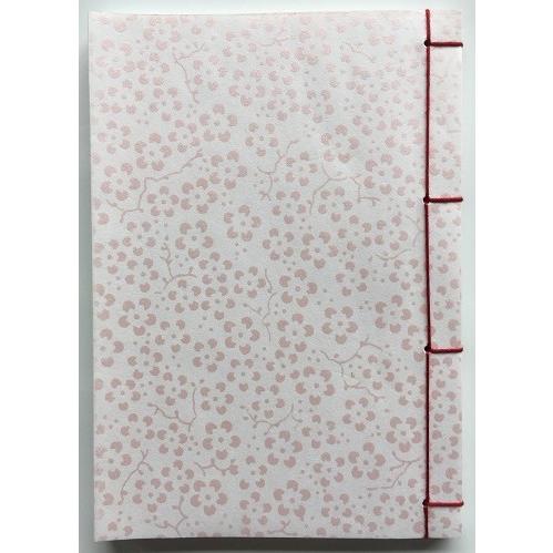 罫線入り和綴じ帖　A6判（縦書き５行罫線・奉書紙）表紙：桃ギラ(貝殻粉末)梅