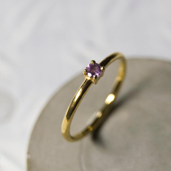 ピンクアメジスト ラウンド3mm K18GPゴールドプレーンリング 1.5mm幅 鏡面 3号〜21号...