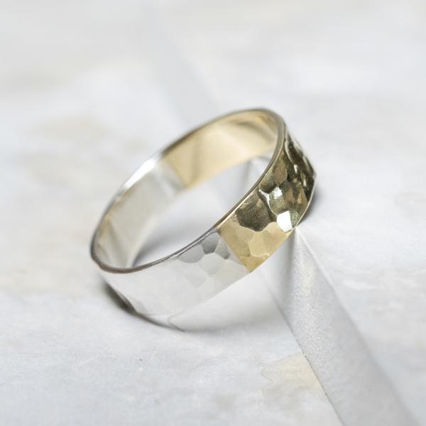 シルバー×真鍮バイカラーハーフフラットリング 5.0mm幅 槌目 3号〜27号｜WKH SV×BS ...