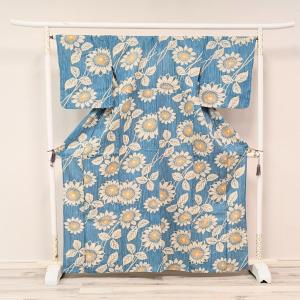 【綿麻】浴衣 単品 緑 ターコイズ ひまわり ...の詳細画像1