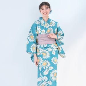 【綿麻】浴衣 単品 緑 ターコイズ ひまわり ...の詳細画像4