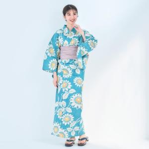 【綿麻】浴衣 単品 緑 ターコイズ ひまわり ...の詳細画像5