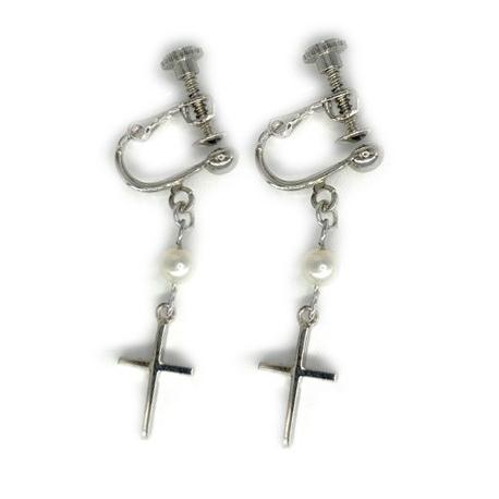 イヤリング　レディース パール　クロス　十字架　PJI-TP-EG　シルバー　白　ホワイト　両耳　ネ...
