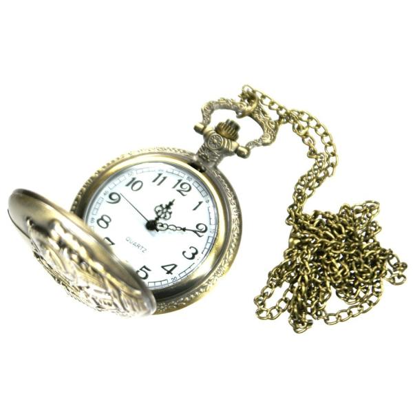 蒸気機関車柄 鉄道 クウォーツ式 懐中時計 ロングチェーン80cm ネックレス アンティークゴールド