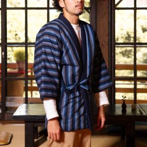 日本製 半纏 メンズ 久留米 綿入れ 紬織 かつお縞