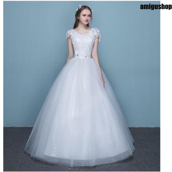 ウェディングドレス ロング丈 格安 ウエディングドレス 白 ドレス 花嫁 二次会 結婚式 白ワンピー...